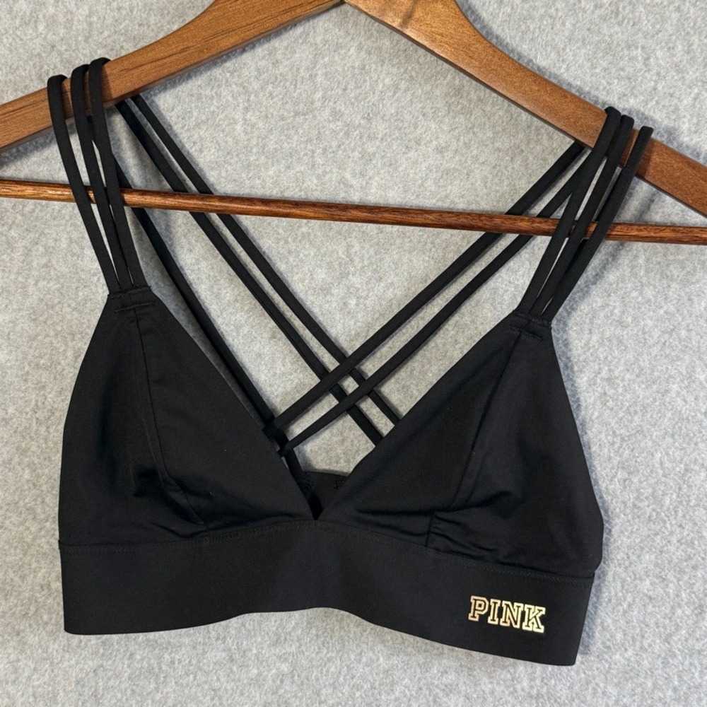 Victoria's Secret PINK Black Strappy Cage Bralette Gold Logo Wireless Small